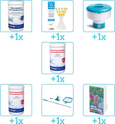 Zwembad Onderhoudspakket - Onderhoud Zwembad - bevat Chloor - Testrips - Chloordrijver - PH-min - PH-plus - Schoonmaakset en Zwembadgids (7-delig)