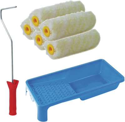 Sorex pluisvrije verfrollers schilderen set - met beugel en verfbak - 5x anti spat vacht rollers - pluisvrij - breedte 10 cm - dikte 4 cm