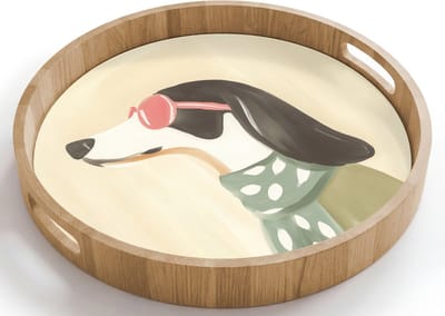 Dienblad rond 40x40 cm - Schootdienblad hout - Hond - Zonnebril - Sjaal - Borrelplank rechthoek - Plateau houten dienbladen