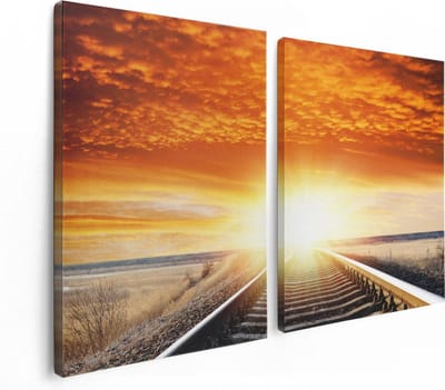 Artaza Canvas Schilderij Tweeluik Rails Spoorweg Bij Zonsondergang - 120x80 - Foto Op Canvas - Canvas Print