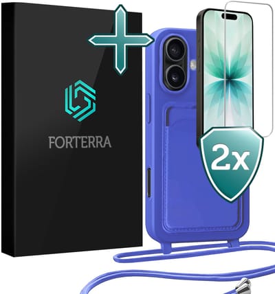 Hoesje Geschikt voor iPhone 17 Pashouder Case Siliconen Hoes Met Koord Met 2x Screenprotector - Hoes Geschikt voor iPhone 17 Met Telefoonkoord Hoesje Back Cover Met Pasjeshouder - Felblauw