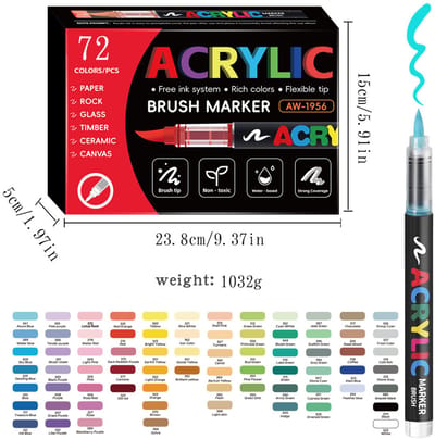 Acrylmarkers - 72 kleuren - direct-vloeibaar zonder drukken - zachte punt voor tekenen en doodlen - geschenkdoos