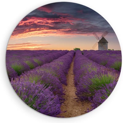 Saammp Muurcirkel Hout - Lavendel met mooie lucht en een molen - Natuur - Landschap - Ø 90 - Wandcirkel - Wanddecoratie Cirkel - Muurdecoratie Woonkamer - Slaapkamer decoratie - Rond Schilderij