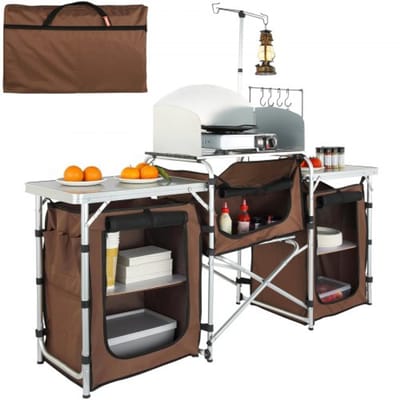 VEVOR Campingkeuken, Campingkast, 174 x 176 x 46cm, Tafelkeuken met Lampstang en Haken, Reiskeuken, Opvouwbare Buitenkeukenbox, Aluminium Frame, Keukenkast, Campingfornuis voor Kamperen, Picknicken