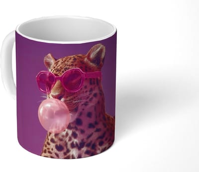 Mok - Koffiemok - Panter - Zonnebril - Kauwgombel - Roze - Mokken - 350 ML - Beker - Koffiemokken - Theemok