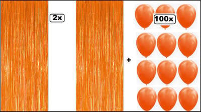 2x Holland Orange Folie gordijn metallic 240cm x 100cm oranje + 100x Ballonnen oranje 30cm - Koningsdag WK festival themafeest huwelijk gala disco glitter and glamour wanddeco