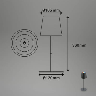 BRILONER - Oplaadbare RGB Tafellamp - snoerloze lamp - met touch dimbaar - voor binne en buiten - in hoogte verstelbaar - 36cm x 10,5 cm - antraciet