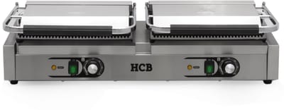 HCB® - Professionele Horeca Paninigrill - dubbel - geribbeld - 2 x 230V - RVS / INOX panini grill - Tosti apparaat - contact grill - 30.5x84.5x20 cm (DxBxH) - 20 kg - 6848