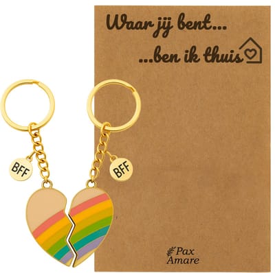 Koppel Sleutelhanger voor 2 'Waar jij bent, ben ik thuis' - Magnetisch Regenboog Hartje - Sleutelhanger set op Cadeau Kaartje - Goudkleurig - Persoonlijke Hanger - Pax Amare