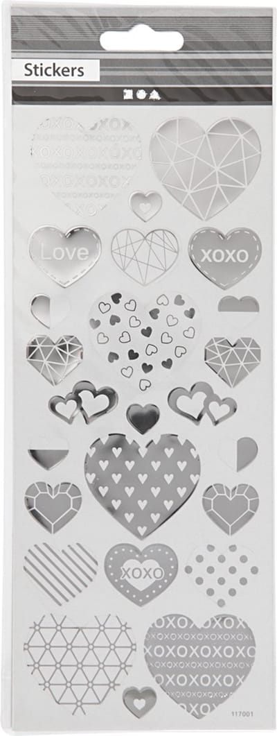 Stickers, harten, vel 10x24 cm, ca. 25 stuk, zilver, 1 vel