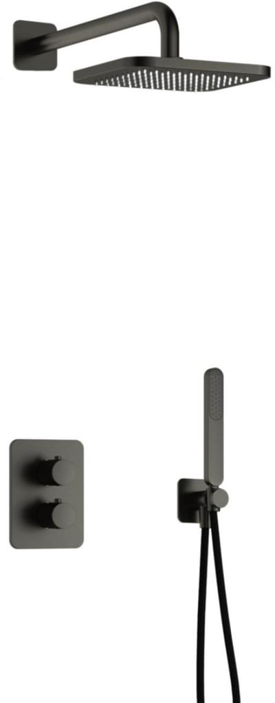 Hotbath Gal - Inbouw Regendoucheset - Geborsteld Gunmetal PVD - Thermostatisch - Wandarm 35 cm - Hoofddouche 220 mm - Staafhanddouche - met 2-Weg Stop-Omstel
