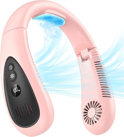 Nekventilator, draagbare nekventilator met koelplaat en 360° verkoelende luchtstroom, 5000 mAh oplaadbare USB-ventilator, handsfree, bladloos, draagbaar, opvouwbaar, mini-ventilator voor mannen en vrouwen, thuis, op kantoor en buiten（Roze）