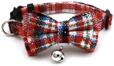 Kersthalsband met strik voor kat of kleine hond rood/blauw snowflakes belletje - halsomvang 22-30cm