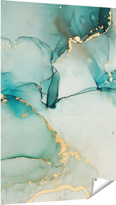 Gards Tuinposter Abstracte Kunst - Blauwe Marmer met Goud - 100x150 cm - Tuindoek - Tuindecoratie - Wanddecoratie buiten - Tuinschilderij
