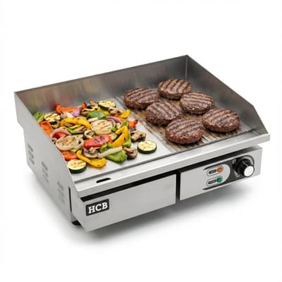 HCB® - Professionele Horeca Bakplaat - 1/2 geribbeld - 230V - RVS / INOX - Electrisch Grill apparaat - 43x55x25 cm (DxBxH) - 23 kg - 6922
