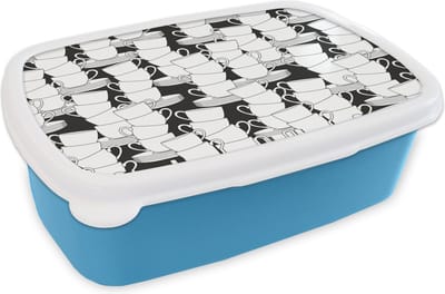 Broodtrommel Blauw - Lunchbox - Brooddoos - Patronen - Zwart wit - Kopjes - Thee - 18x12x6 cm - Kinderen - Jongen
