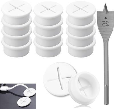 Set van 12 Flexibele Silicone Kabeldoorvoeren van 25 mm in Wit met Boor voor Kantoor, School en Computergebruik