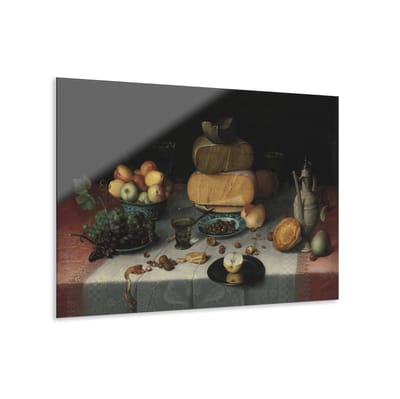 Indoorart - Glasschilderij stilleven met kazen 60x40 CM - Afbeelding op plexiglas - Inclusief montagemateriaal