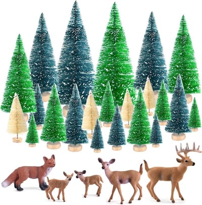 25 Stuks Mini Sisal Bomen en Flessenborstel Bomen met Miniatuur Figuren en Bosdieren voor DIY Kerstdecoratie en Tafeldecoratie