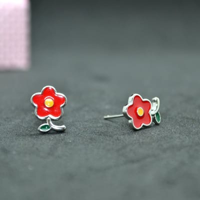 Gading® oorknoppen met rode bloem- oorknopjes voor meisje-10mm-7mm- zilver 925
