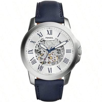 Montre Automatique Mécanique pour Homme Fossil Cuir Trois Aiguilles Boîtier en Acier Inoxydable/Verre Minéral Résistant aux Rayures ME3111 bleu