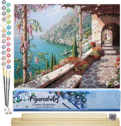 Figured'Art Schilderen op Nummer Volwassenen canvas Uitzicht op zee vanaf het terras - Handwerk acrylverf Kit DIY Compleet - 40x50cm met DIY houten lijst