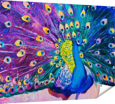 Gards Tuinposter Pauw met Kleurrijke Veren van Olieverf - Abstract - 160x120 cm - Tuindoek - Tuindecoratie - Wanddecoratie buiten - Tuinschilderij