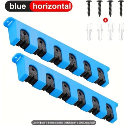 Lot de 2 supports de rangement muraux pour cannes à pêche - Peut contenir 6 cannes, économise de l'espace, accès facile bleu
