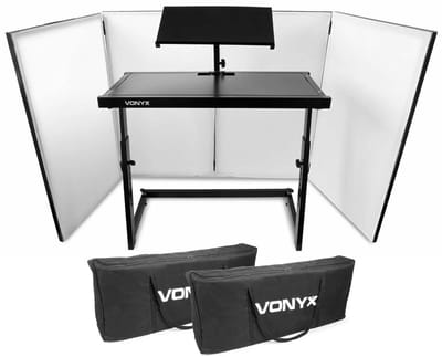 Vonyx Inklapbare DJ Booth set compleet - Mobiele DJ stand met meubel, scherm en draagtassen - Wit