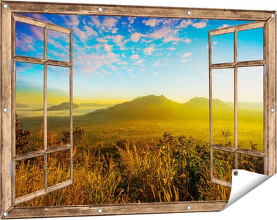 Gards Tuinposter Doorkijk Bergen met Mist in Thailand - 120x80 cm - Tuindoek - Tuindecoratie - Wanddecoratie buiten - Tuinschilderij