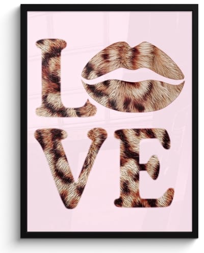 Poster in lijst - Fotolijst 60x80 cm - Posters - Tekst - Love - Pantervacht - Lichtroze - Posterlijst zwart - Decoratie - Wanddecoratie woonkamer - Muurdecoratie slaapkamer