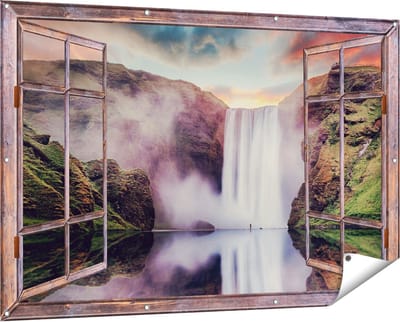 Gards Tuinposter Doorkijk Waterval met een Weerspiegeling in het Water - 150x100 cm - Tuindoek - Tuindecoratie - Wanddecoratie buiten - Tuinschilderij
