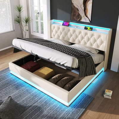 Sweiko Tweepersoonsbed - 180*200 cm - LED-verlichting - USB Type-C oplaadfunctie - PU materiaal - Zonder matras - Wit