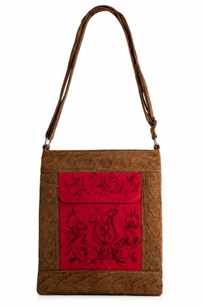 N3 Collecties Schoudertas met Suede Handgemaakte etnisch geborduurde patroon-Bruin/Rood