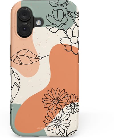 Casetastic hoesje geschikt voor Apple iPhone 16 - MagSafe - Dubbellaagse bescherming - Lijnenspel Botanisch - Fashion Case - Crème Saliegroen Perzik