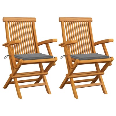 vidaXL - Opklapbare - stoelen - met - grijze - kussens, - 2 - stuks, - massief - teakhout