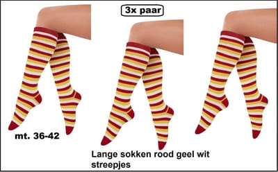 3x Paar sokken rood/geel/wit streepjes mt. 36-42 - Themafeest party carnaval festival thema feest