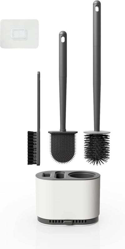 Toiletborstel wandmontage voor de badkamer - rondom reiniging - grijze siliconen toiletpotborstel met 3 flexibele koppen