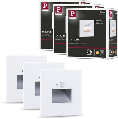 Paulmann Edge Set van 3 LED Wandinbouwlampen - Wit Mat - 2700K Warmwit - 1,2W - 3x25 lm - 230V - Wandverlichting & Trapverlichting LED Bewegingssensor