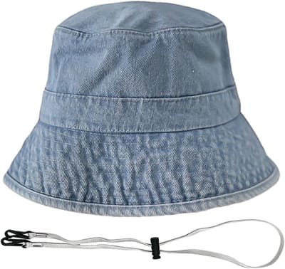 Casual Denim Bucket Hat met Winddichte Touw, Stijlvolle Zomerhoed voor Zonbescherming, Maat S/M, Blauw