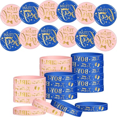 Gamen voor geslachtsrevealing: 48-delige set met genderherkenningsknoppen en siliconen polsbandjes voor babyshower, team meisje of jongen