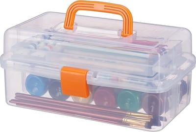 Doorzichtige opbergbox 9 vakken voor gereedschap of naaigerei - Kliksluiting - 14x33x19 cm - Oranje supply bin