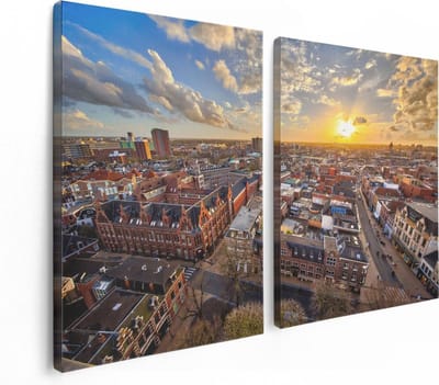 Artaza Canvas Schilderij Tweeluik Groningen Stad bij Zonsondergang - 120x80 cm - Wanddecoratie Woonkamer - Schilderijen - Muurdecoratie