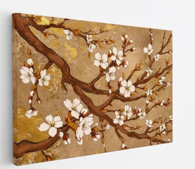 Saammp Canvas Schilderij - Witte bloessem aan tak - Beige - Bloemen - Abstract - 45x30 - Foto op canvas - Wanddecoratie - Muurdecoratie Woonkamer - Kantoor Decoratie