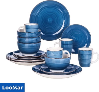 LooMar Luxe Serviesset – 16 delig – 4 persoons – Porselein - Bordenset – Dinner platen – Dessertborden - Kommen - Mokken - Set - Blauw - Wit