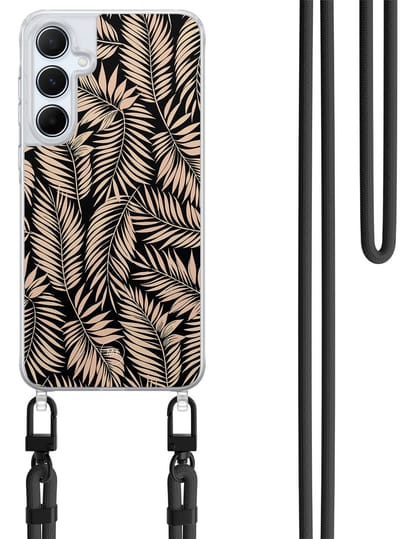 Hoesje met koord geschikt voor Samsung Galaxy A35 5G - Palm silhouette - Inclusief Zwart koord - Crossbody beschermhoes - Transparant, Zwart, Beige - Mooie Telefoonhoesjes