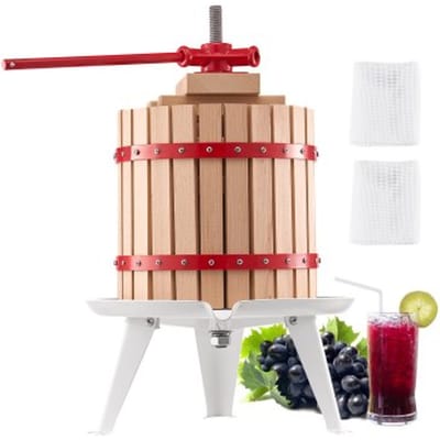 VEVOR Fruitwijnpers Fruitmolen (12 L) met massief houten mand met 8 blokken, robuuste handmatige sapcentrifuge, ciderpers, appelpers, druivenpers, olijfoliepers met handvat, sapcentrifuge voor de keuken