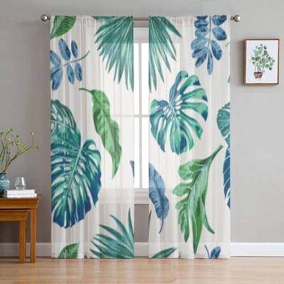 Exotische Tropische Bladeren Transparant Gordijn Voor Woonkamer Slaapkamer Voile Gordijnen Voor Raam Organza Gordijnen Feest Tule Draperieën 135W x 114H(cm) white