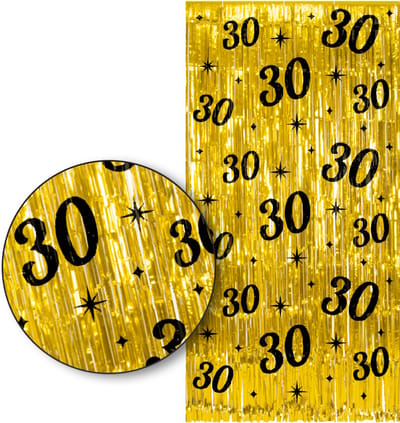 LUQ – 30 Jaar Franjes Gordijn – Goud & Zwart Tinsel Curtain 2x1 m – Luxe feestdecoratie voor verjaardag/birthday party.