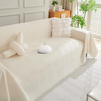 Bankhoes Chenille - Bankovertrek Plaid - Bank Beschermen - Decoratieve Franjes - 180 x 300 cm - Beige